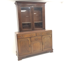  Early 20th century mahogany sideboard, two long and one short drawer, three cupboards, bracket supports (W150cm, H97vcm, D54cm) and a bookcase top, two glazed doors (W126cm, H113cm, D33cm) (2)  