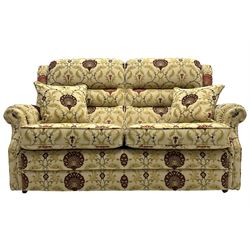 Vale Bridgecraft - Langfield two seat sofa, upholstered in Agra Cranberry fabric, mahogany feet, with David Gundry scatter cushions