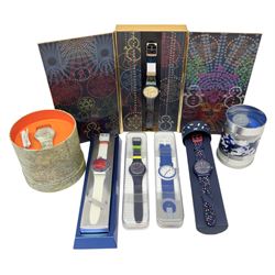 Seven Swatch quartz wristwatches including Celebration Time, POP, 25th Anniversary and World Map, all boxed and an Omega red watch case