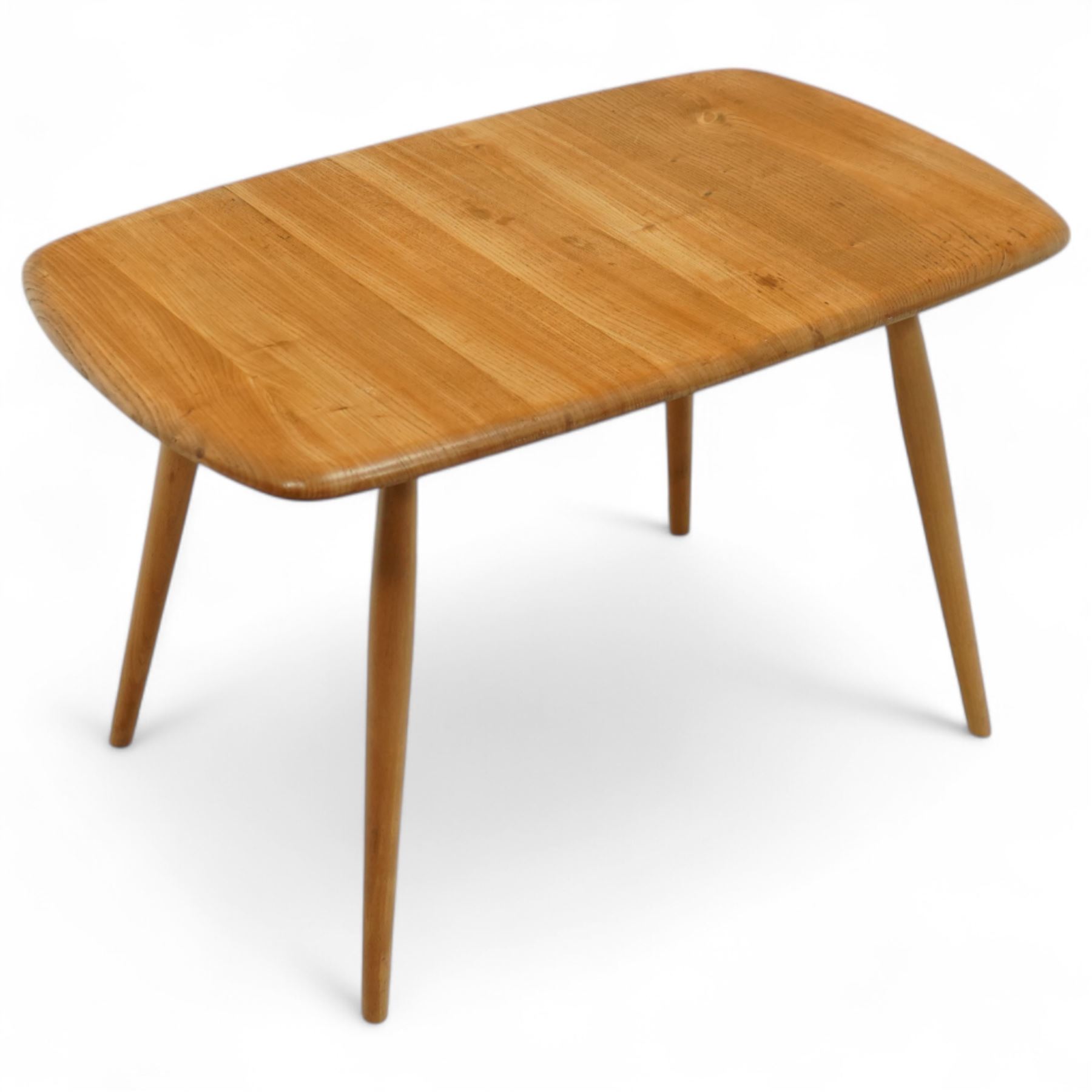Ercol - golden elm coffee table, rectangular top with curved corners on tapered legs