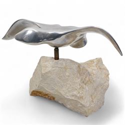 Aluminium Seagull sculpture by Gordon Hoselton (Canadian 1930-2003), mounted on stone base, inscribed no. 622, H33cm; together with four smaller sculptures - Swan no.1361, Sailboat no. 1196,  and Goose no.271, all signed to base (4)