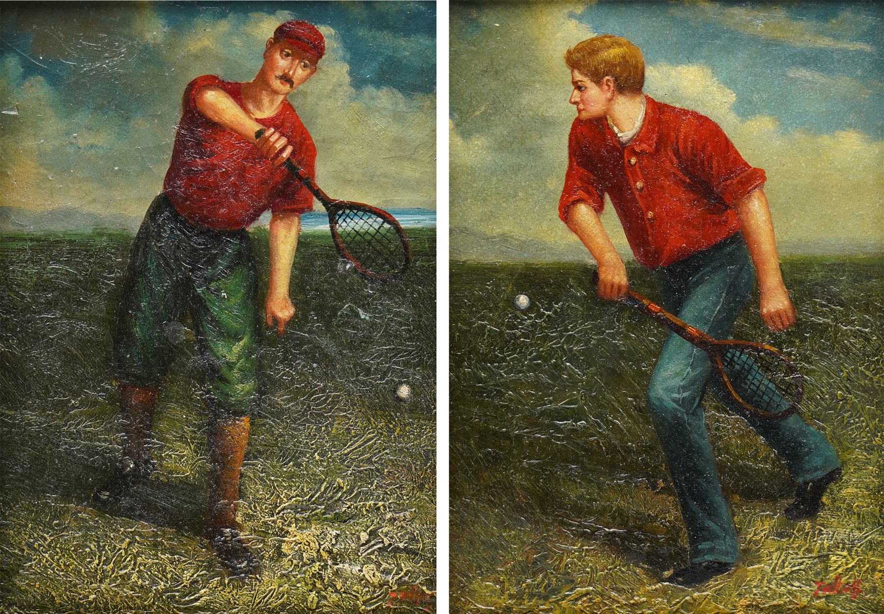 After Anton Maria Mucchi Vignoli (Italian 1871-1945): Two Gentleman Playing Tennis, 20th century oil wood panel indistinctly signed 16cm x 11.5cm (2)