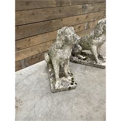 Pair of cast stone garden dogs and 2 female figures,