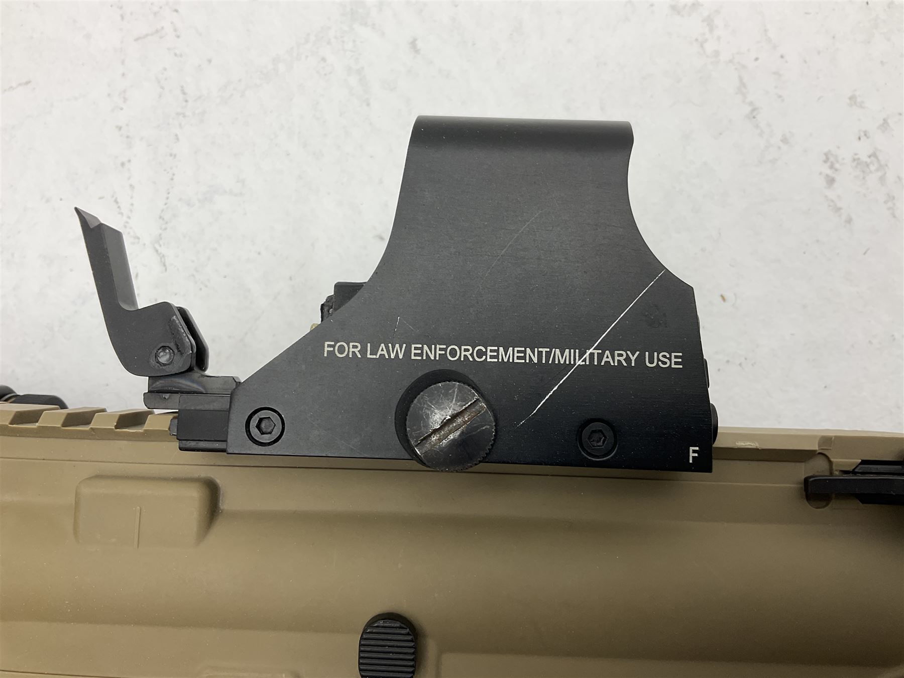 Combat Machine lithium battery powered airsoft BB rifle, 'Complete AEG Series' to fire 5mm pellets, with adjustable length stock L69cm non-extended; with six magazines, Trijicon ACOG red dot telescopic sight, battery charger etc (NO BATTERIES)