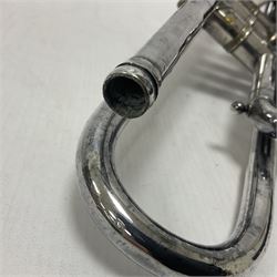 Victorian Class A silver plated trumpet retailed by Kitchen & Co,29 Queen Victoria Street Leeds, 1897 with mouthpiece/slide and in its original felt lined box
