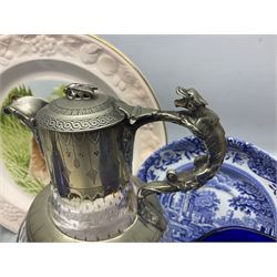 Quantity of ceramics and glassware including Victorian blue glass claret jug, another Victorian claret jug, cruet set, commemorative ware etc in one box