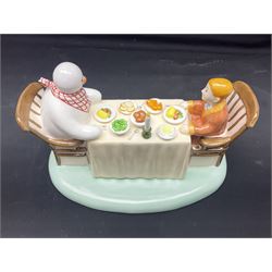 Three Coalport Characters The Snowman figures, comprising Dinner for Two, Off Piste and Winter Fun, all with certificates and original boxes 