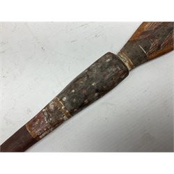 Australian Aboriginal shield, carved with Kangaroo and Emu, 74.5cm; Spear painted with aquatic creatures 78cm, and Spear thrower 81cm (3)