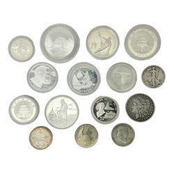 United States of America 1896 Morgan one dollar coin, 1893 'Columbian Exposition' commemorative half dollar, 1945 standing Liberty half dollar, Queen Elizabeth II Australia 1993 one ounce fine silver dollar, Canada 1967 and 1995 one dollar coins etc (15)
