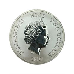 Five Queen Elizabeth II Niue one ounce fine silver two dollars coins dated 2016 'Turtle', 2017 'Panda', 2017 'Darth Vader', 2018 'Stormtrooper', 2019 'Clone trooper' and two Fiji one ounce fine silver one dollar coins dated 2015 'Iguana', 2016 'Iguana' (7)