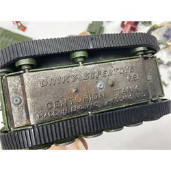 Various makers - unboxed and playworn die-cast models including Dinky Thornycroft Mighty Antar Tank Transporter No.660 and Centurion Tank No.651, other military and farm vehicles; and quantity of loose plastic soldiers and other figures by Crescent, Britains etc