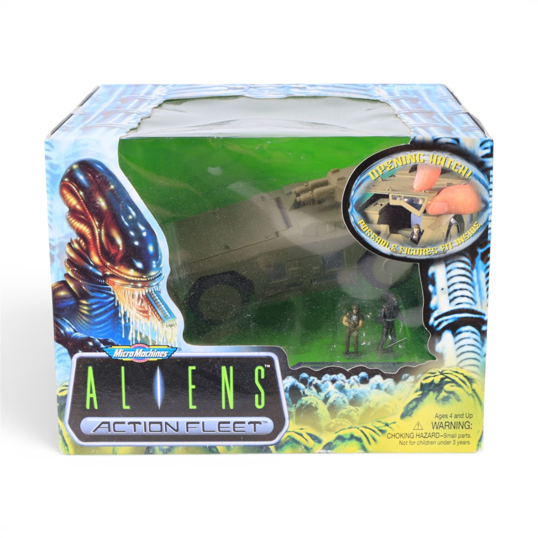 Three Galoob Aliens Action Fleet micromachines, comprising Drop Ship, Narcissus and Armoured Personnel Carrier, all boxed