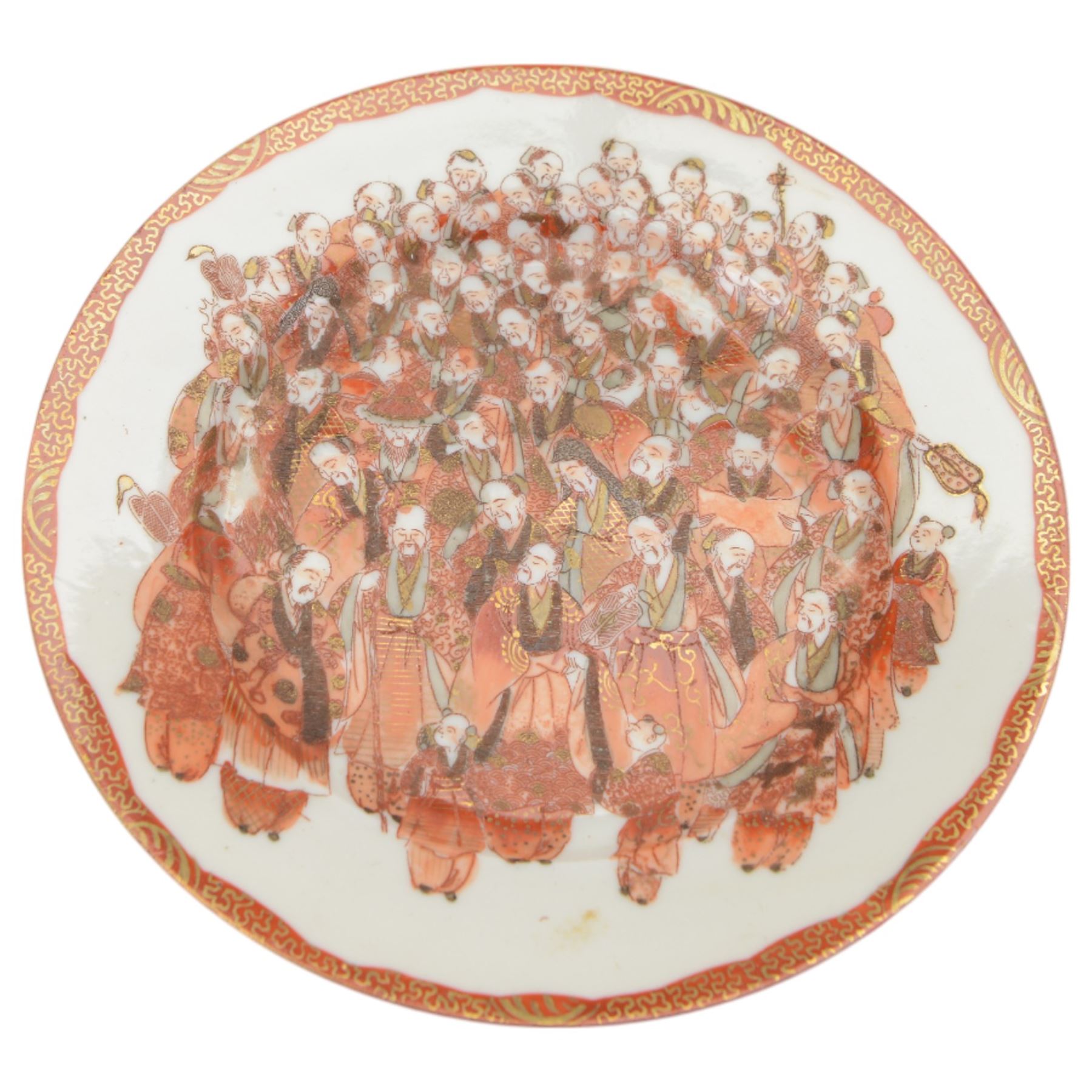Collection of Japanese and similar ceramics, including pair of Satsuma side plates, decorated with a crowd of figures, blue and white teapot with floral decoration, blue and white vase and plates, etc