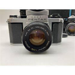 Asahi Pentax S1a camera body, serial no. 707071, with 'Super-Takumar 1:1.8/55' lens, serial no 2124044, together with Asahi Pentax Sv camera body, no. 1925617 with 'Super-Takumar 1:2/55' lens, serial no. 2770153, Asahi Pentax Meter, 'Super-Takumar 1:3.5/28' lens, serial no. 2075492 and 'Super-Takumar 1:4/150' lens, serial no. 1461613  