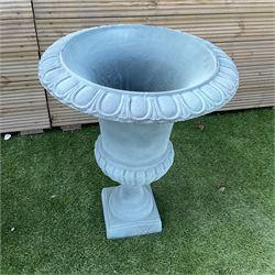 Pair of Victorian design painted cast iron garden urns, egg and dart rim, tapering column on pedestal base H63, D48 - THIS LOT IS TO BE COLLECTED BY APPOINTMENT FROM DUGGLEBY STORAGE, GREAT HILL, EASTFIELD, SCARBOROUGH, YO11 3TX