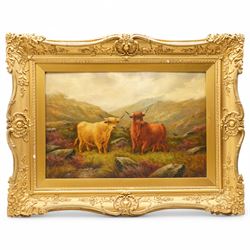 J Henry (British Late 19th century): Highland Cattle, oil on canvas signed 39cm x 60cm housed in Victorian ornate gilt swept frame overall 68cm x 88cm