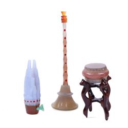 Boxed set of Chinese miniature polished hardstone musical instruments with hardwood stands