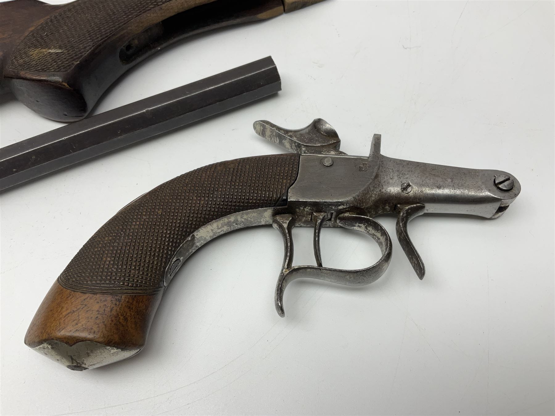 Assorted rifle and pistol spares; early Gem air rifle with sawn off barrel (piece present); telescopic sight; canvas/leather ammunition pouch; Mauser stock; barrel browning solution etc