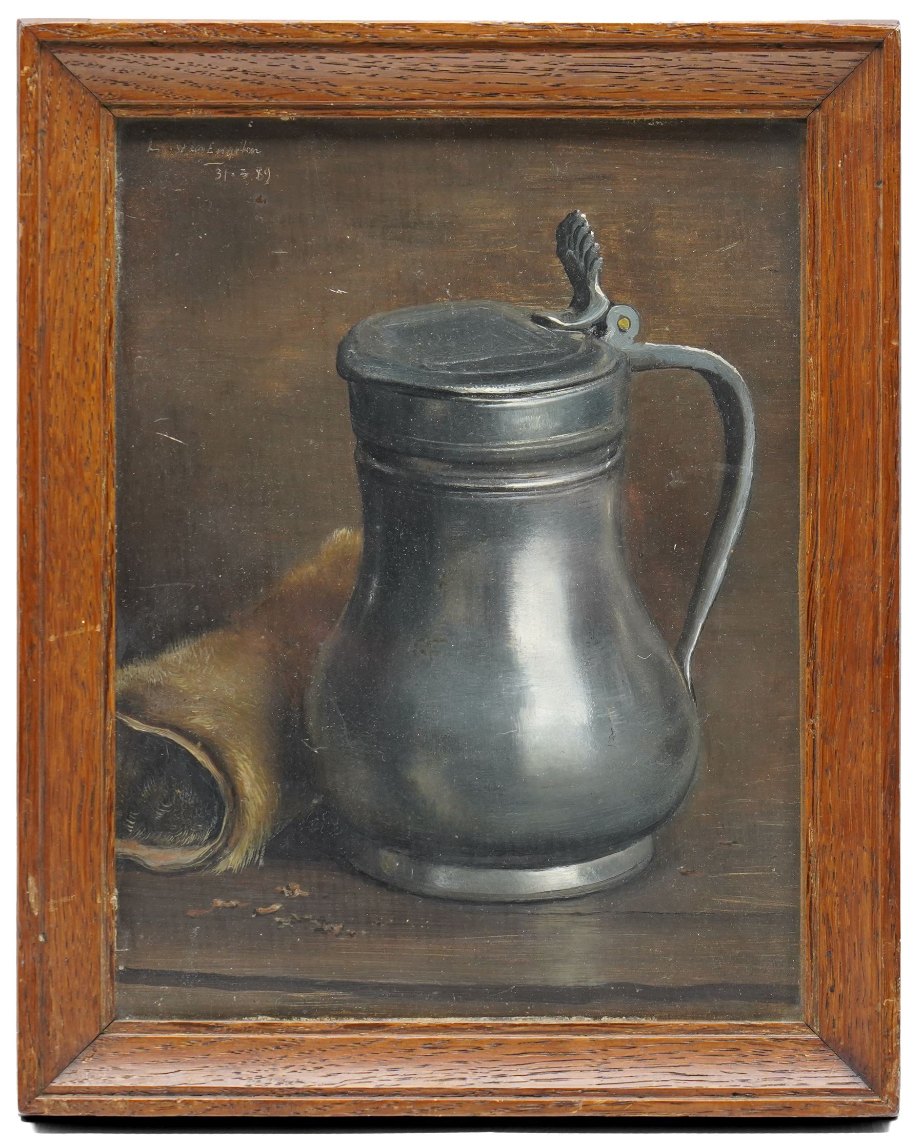 Louis Van Engelen (Belgian 1856-1940) Still Life of Tankard, oil on wood panel signed and dated 31.3.89, 23.5cm x 18cm