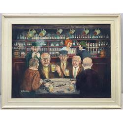 Walter E Shimbles (British 20th century): 'The Four Hand at Dominoes' - In the Pub, oil on board signed, titled on label verso with artist's Bradford address 37cm x 50cm; 'Artist and Model', oil on board signed, titled on partial label verso 40cm x 50cm; 'The Disputed Wager', oil on board signed, titled on label verso 50cm x 39cm (3)
