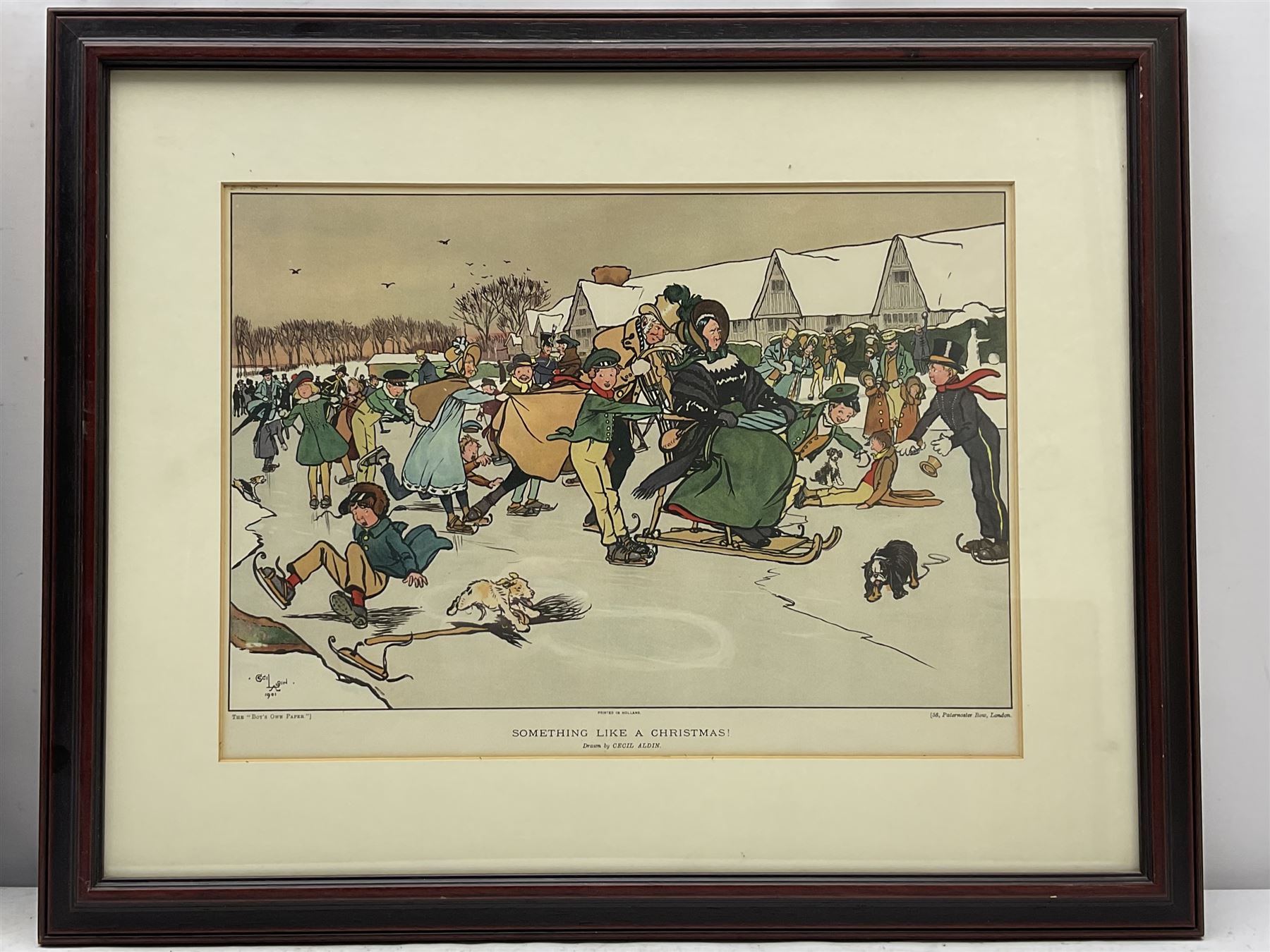 After Cecil Aldin (British 1870-1935): 'Something Like a Christmas!' 'The Christmas Coach at the Bell Inn' and 'A Long Drink', two colour prints and a poster, respectively max 29cm x 43cm (3)