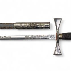 Masonic ceremonial sword with engraved blade, wire wound grip and scabbard and another similar (2)