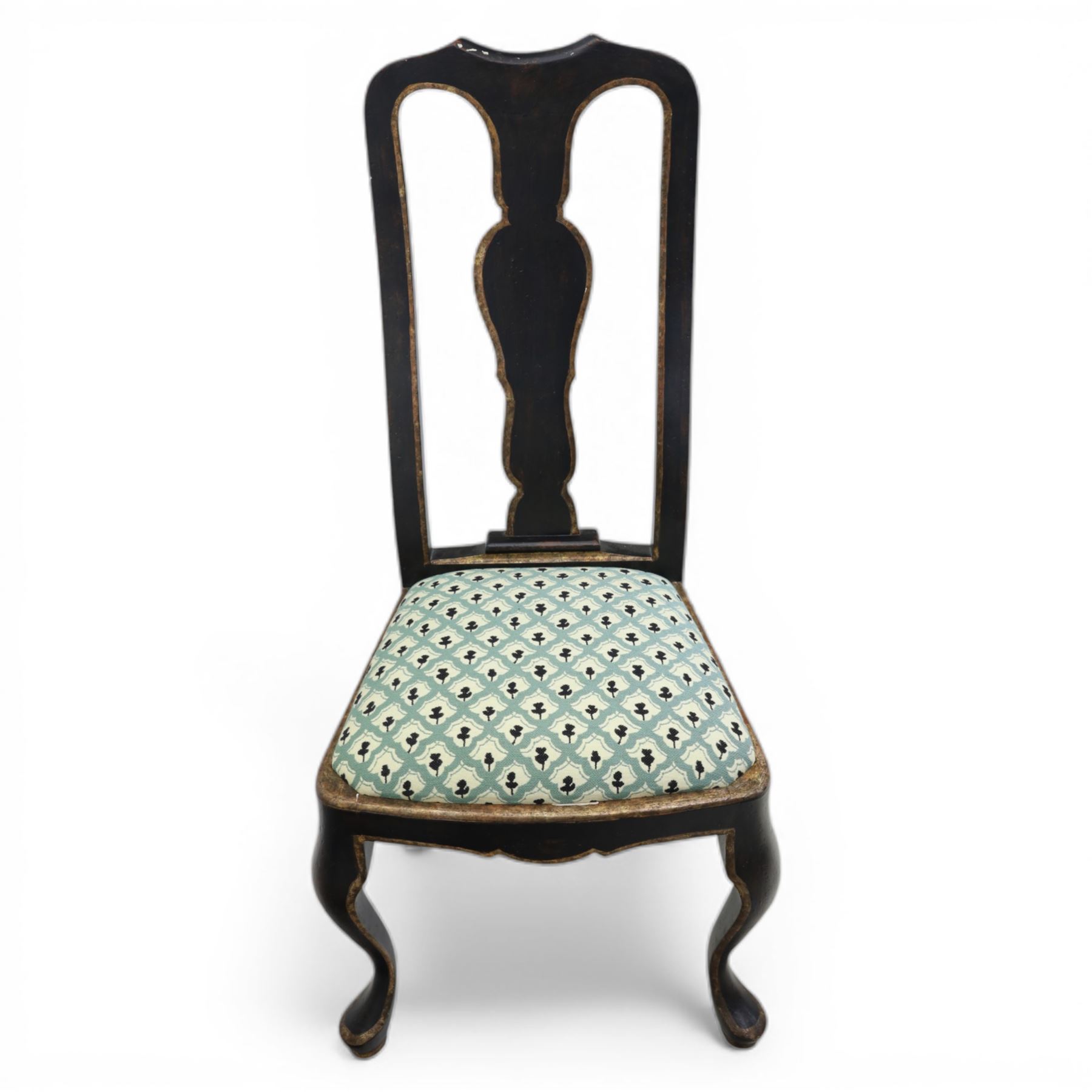 Pair of ebonised and parcel-gilt Queen Anne design side chairs