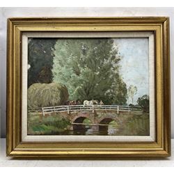 English Impressionist School (Mid-20th century): Horse and Haycart led over Bridge, oil on board unsigned 30cm x 37cm
