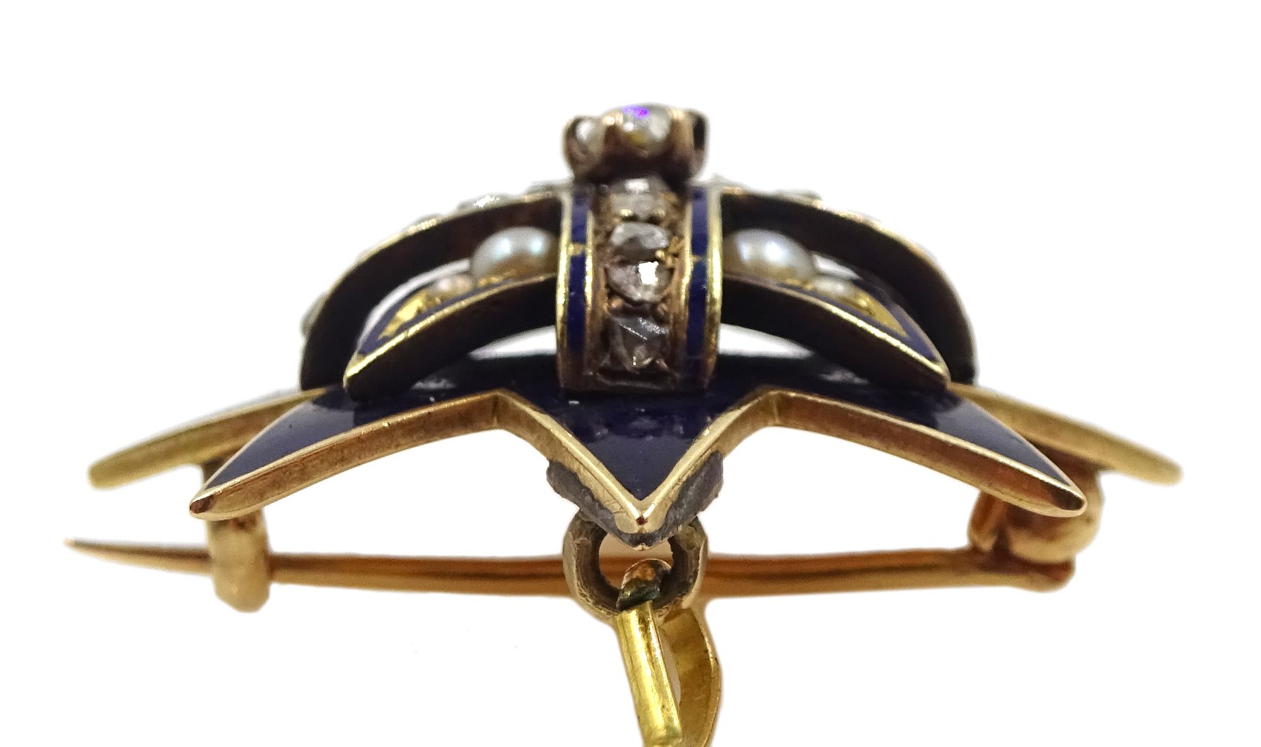 Victorian 15ct gold blue enamel, diamond and split pearl star brooch