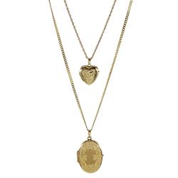 Gold heart shaped locket pendant necklace and one other gold oval locket pendant necklace, all hallmarked 9ct