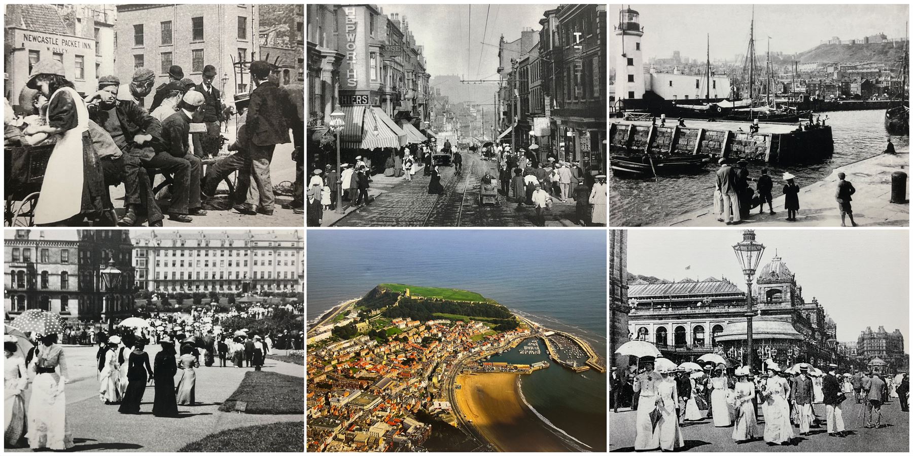 Set five black and white Victorian and later photograph prints of Scarborough on canvas together with a colour photo print of an aerial view of Scarborough max 66cm x 96cm (6)
