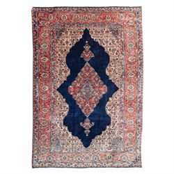 Large West Persian Bidjar hand-knotted carpet, deep indigo field with central medallion wi...