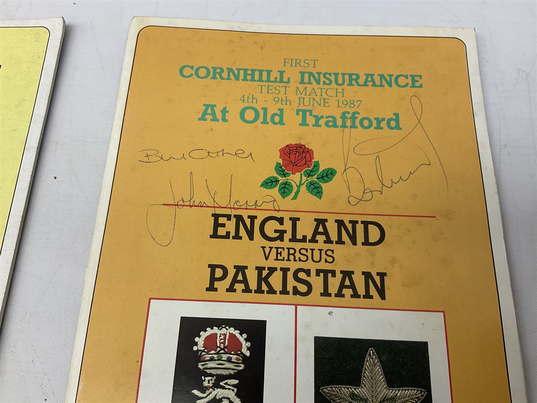 Four mid-late 1980s cricket programmes to include signed England vs Pakistan 1987 example, signed Bill ( Charles William Jeffrey ) Athey and two others indistinct 