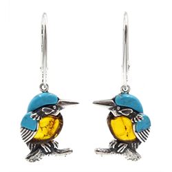 Pair of silver Baltic amber and turquoise kingfisher pendant earrings, stamped 925
