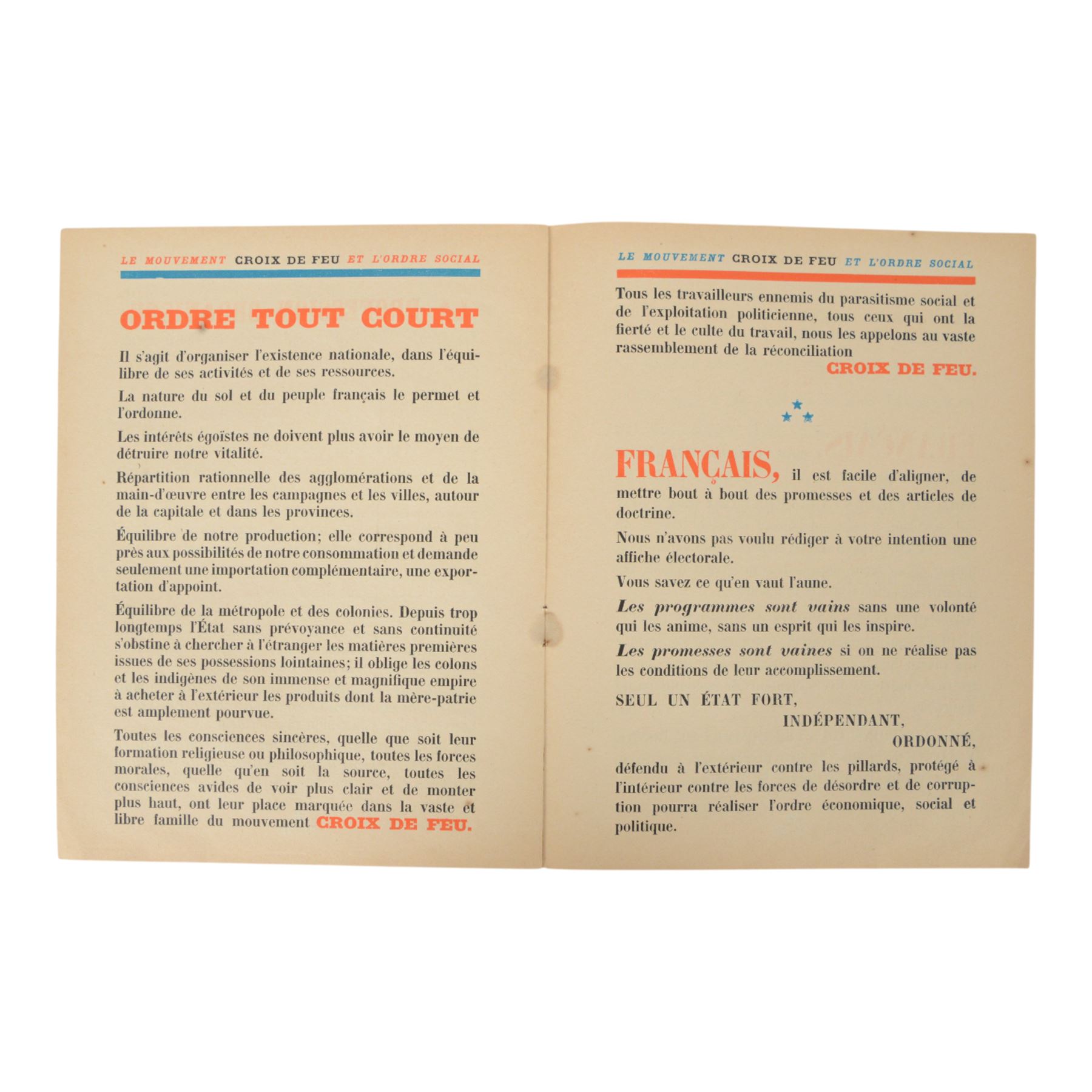 French Croix de Feu paperwork, including Song sheets, L'Ordre Social etc
