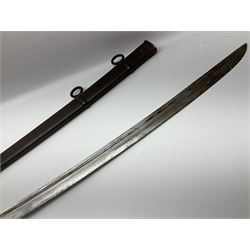 19th Century German (Saxony) Cavalry Sword, the 90.5cm single edge curved steel blade with narrow fuller to the back edge at each side, engraved with a crowned AR monogram and coat of arms, stamped with crowned AR, the back edge engraved C.v Keller im Solingen 1862, the brass half basket hilt with three flat curved bars, applied badge missing, marked G.R. 4, with ribbed leather covered grip and leather finger strap; in steel scabbard with two fixed suspension rings to one side and stamped G.R. II 118; L109.5cm overall