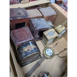 Collection of leather carriage clock cases, brass mantle clocks and parts, brass candlesticks etc, in two boxes