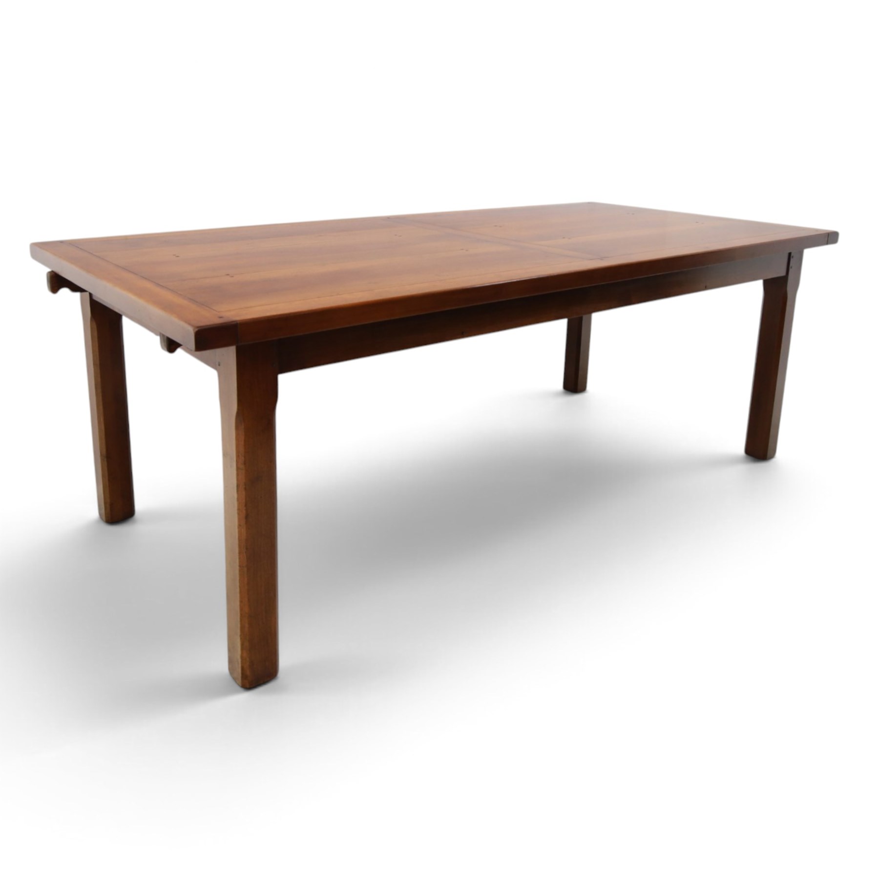 French cherry wood extending dining table, rectangular top on square chamfered supports with two additional leaves; with Batheaston - set of eight cherry wood waived ladder back dining chairs with rush seats (W46cm H98cm)