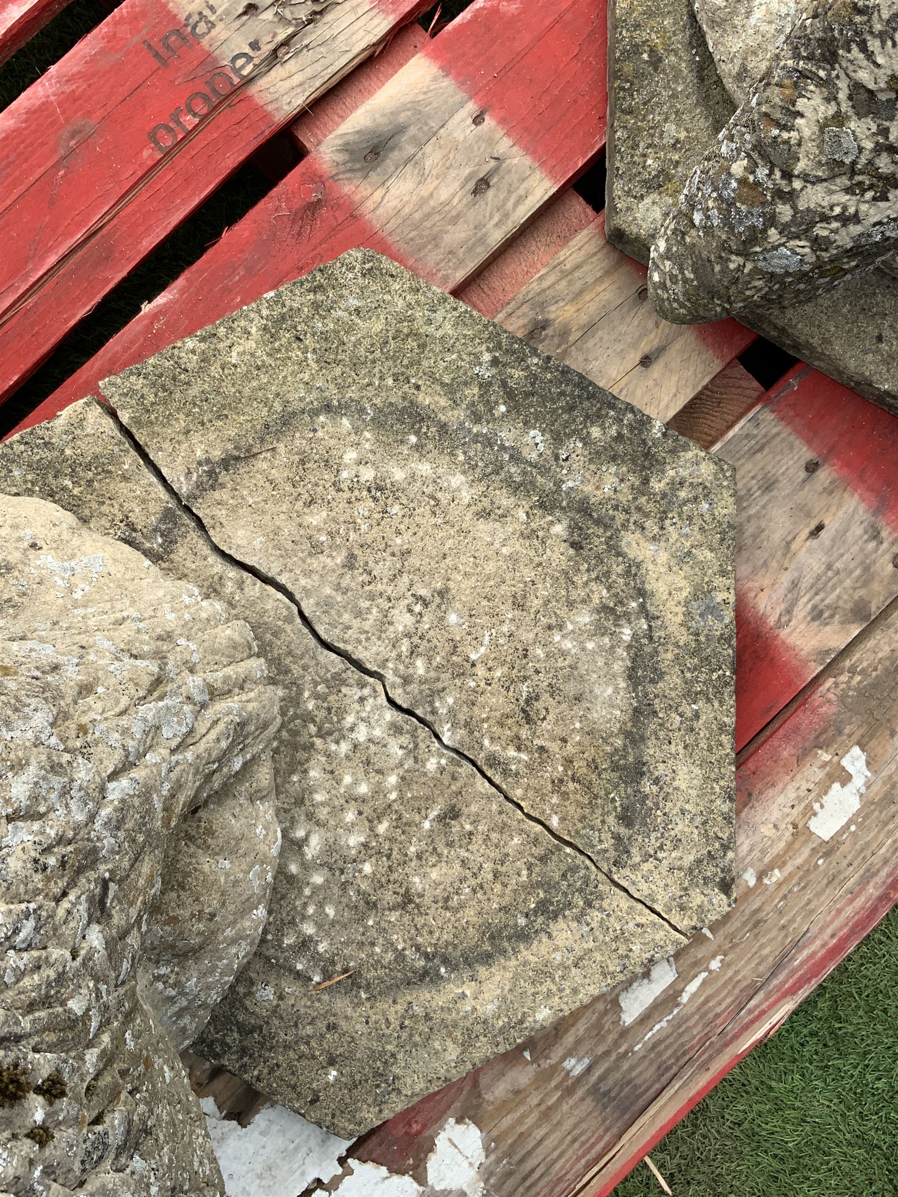 Pair composite stone perched eagle figures/gate post toppers with spread wings, on hexagonal slab base - THIS LOT IS TO BE COLLECTED BY APPOINTMENT FROM DUGGLEBY STORAGE, GREAT HILL, EASTFIELD, SCARBOROUGH, YO11 3TX
