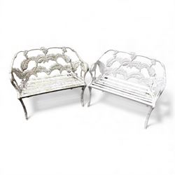 Pair of cast aluminium white painted Coalbrookdale design 'fern and blackberry' garden benches