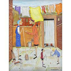 Geoffrey Woolsey Birks (Northern British 1929-1993): Gossip in the Courtyard, oil on canvas board signed 39cm x 29cm