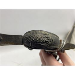 WW2 German Army Prinz Eugen Pattern Officers Dress Sword by Carl Eickhorn, the 80.5cm slightly curving fullered blade with makers name to the ricasso, gilt brass hilt with eagle to the cross-piece and relief of oakleaves to the ferrule, Prinz Eugen style down winged eagle to the pommel of the backstrap; grip retains the original wire binding; in original black painted scabbard with single hanging ring, leather hanger marked 'RZM M5/71 OLC' and silvered knot L97cm overall