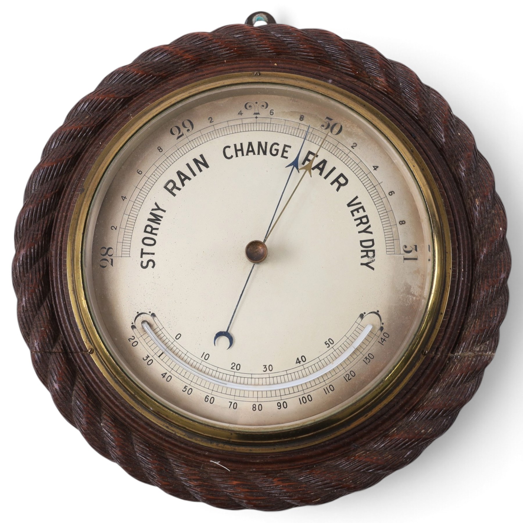 Edwardian 8-day ships bulkhead clock and aneroid barometer, both in circular oak cases with carved rope twist bezels, the clock with a painted metal dial, roman numerals, minute track, steel spade hands and with platform regulation, the barometer with weather predictions, steel indicating hand and brass recording hand with a curved mercury thermometer, largest D28cm