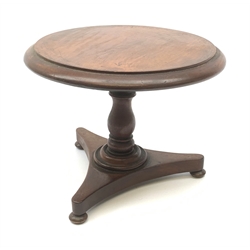 A Victorian mahogany apprentice tilt top loo table, the trefoil base upon three compressed bun feet leading to a turned baluster column and moulded edge top, H17.5cm. 