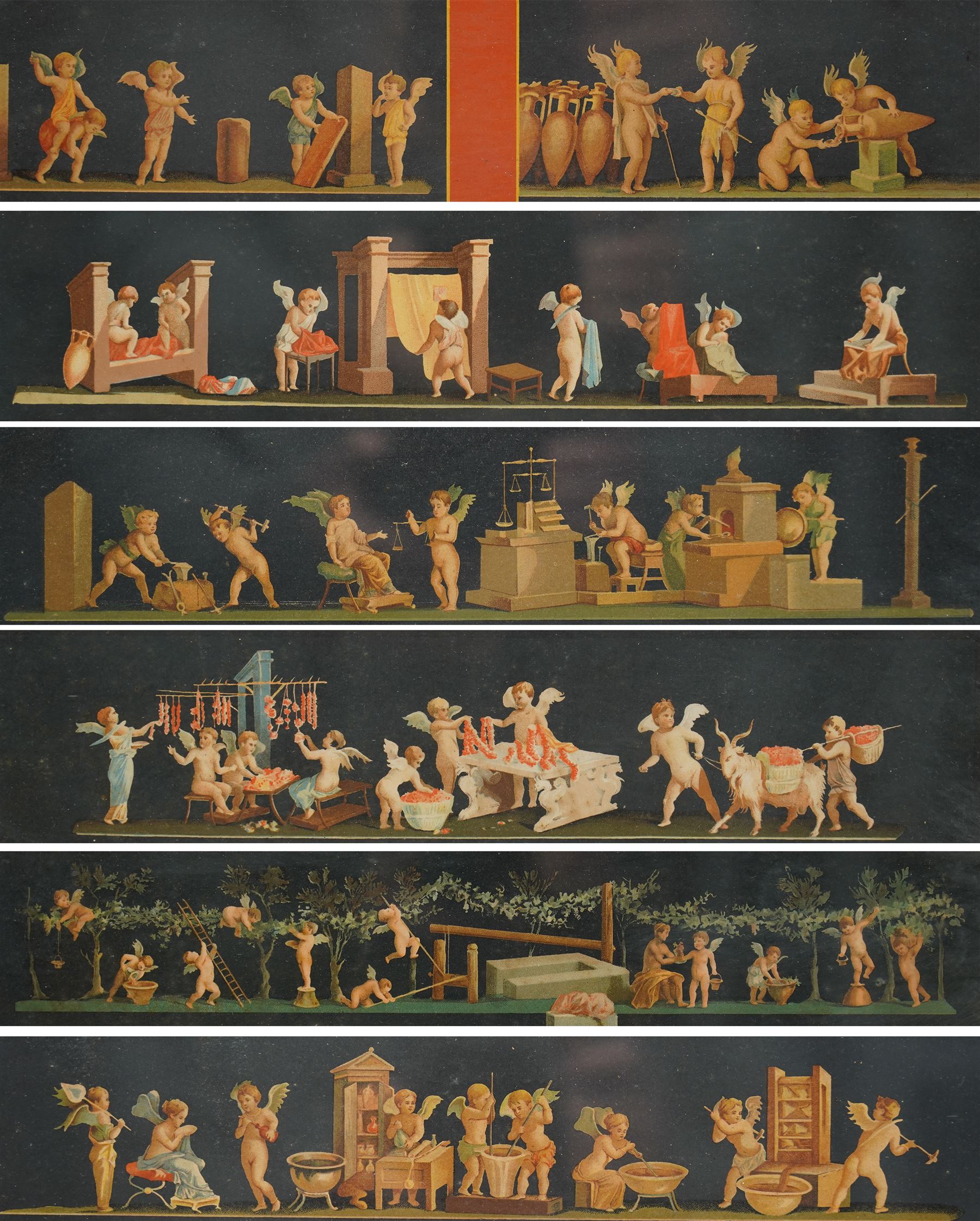Geramia Discanno (Italian 1839-1907): Pompeii Frescos of Putti and Amorini, set seven 19th century lithographs with hand-colouring pub. 'Pompeii, House of the Vettii, Piccoli Amorini', Italy c.1890 max 18cm x 50cm (7)
Notes: Discanno was an Italian genre and landscape painter, who collaborated with archaeologists, lithographers and art historians to record the wall paintings in the Roman ruins of Pompeii and Herculaneum that were being excavated at the time.