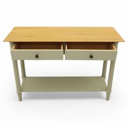 John Lewis - contemporary painted console table, rectangular oak top over single frieze drawer with turned knob handles, raised on four turned supports with lower platform shelf