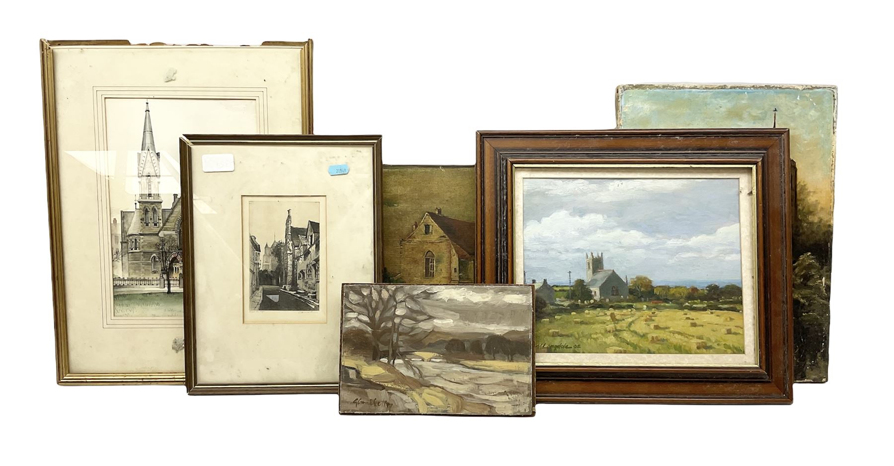 J M Oldroyd (British 19th century): Church with Figure, oil on canvas signed and dated 1894; Michael Langdale (British 20th century): 'Morvah Church', oil on canvas signed and dated '92 together with another 19th century oil of a similar subject and three further pictures of churches max 28cm x 38cm (6)