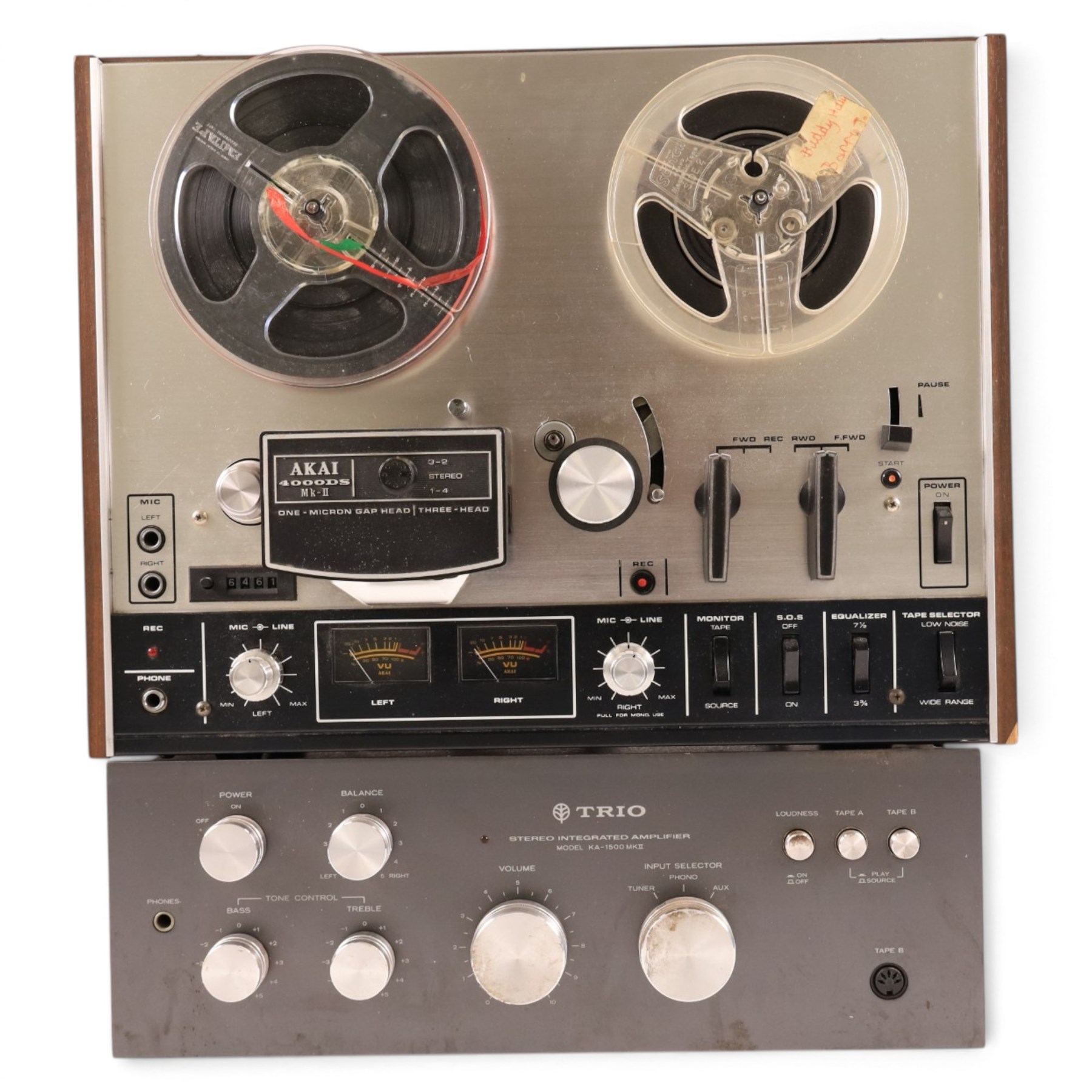 Akai 4000DS MKII reel to reel tape deck, with a Trio KA-1500 MKII Stereo Amplifier, pair of Hitachi SS-8470G MKII speakers, Wharfedale 30-D single speaker and a collection of tapes