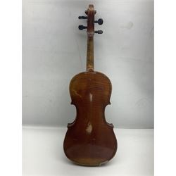 German copy of a Maggini violin c1900 with 35.5cm two-piece maple back and ribs and spruce top, bears label 'Maggini Deutsche Arbeit 1866' L59cm; in carrying case with bow