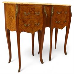 Pair of Louis XV style kingwood and marquetry bedside cabinets, the serpentine sienna marble top above two bombe fronted drawers with rococo style bronze handles and masks on slender cabriole legs terminating in bronze sabots  